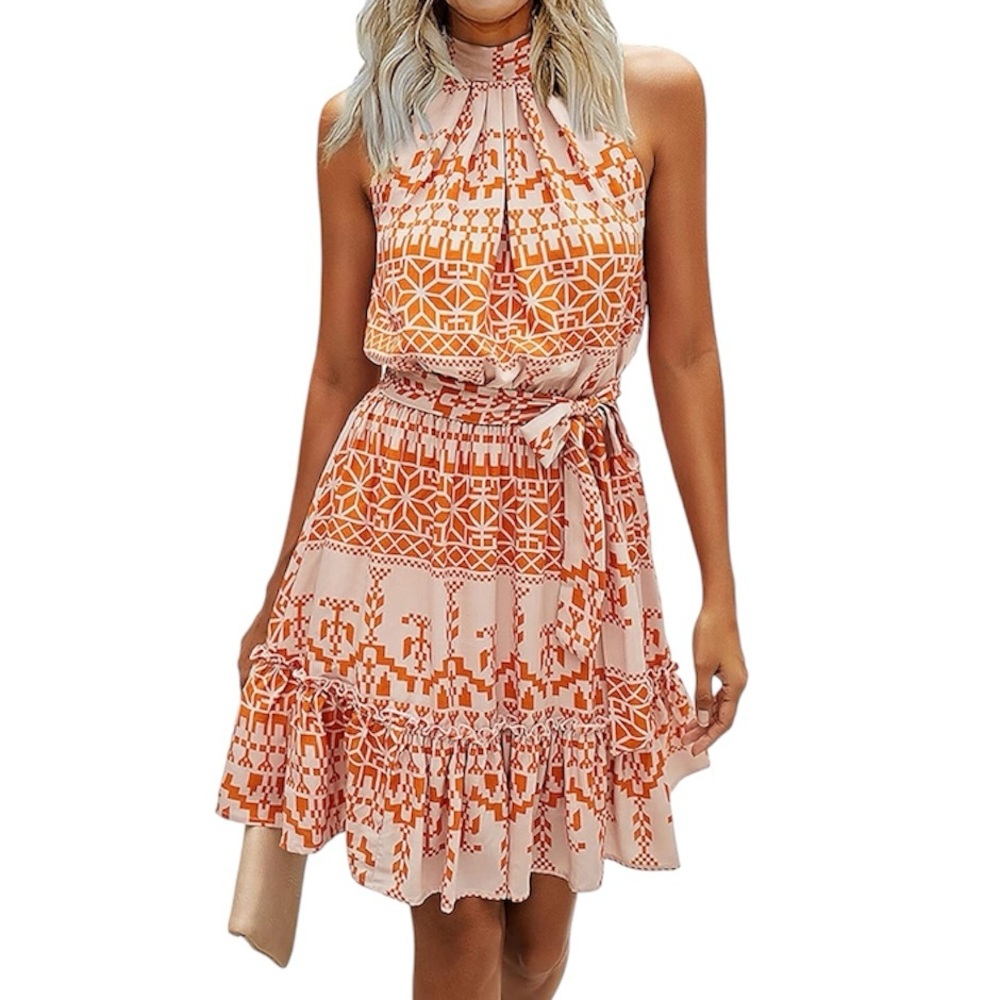 PCEAIIH Womens Halter Neck Dress Size M Sleeveless Geo Print Boho Ruffle NWT